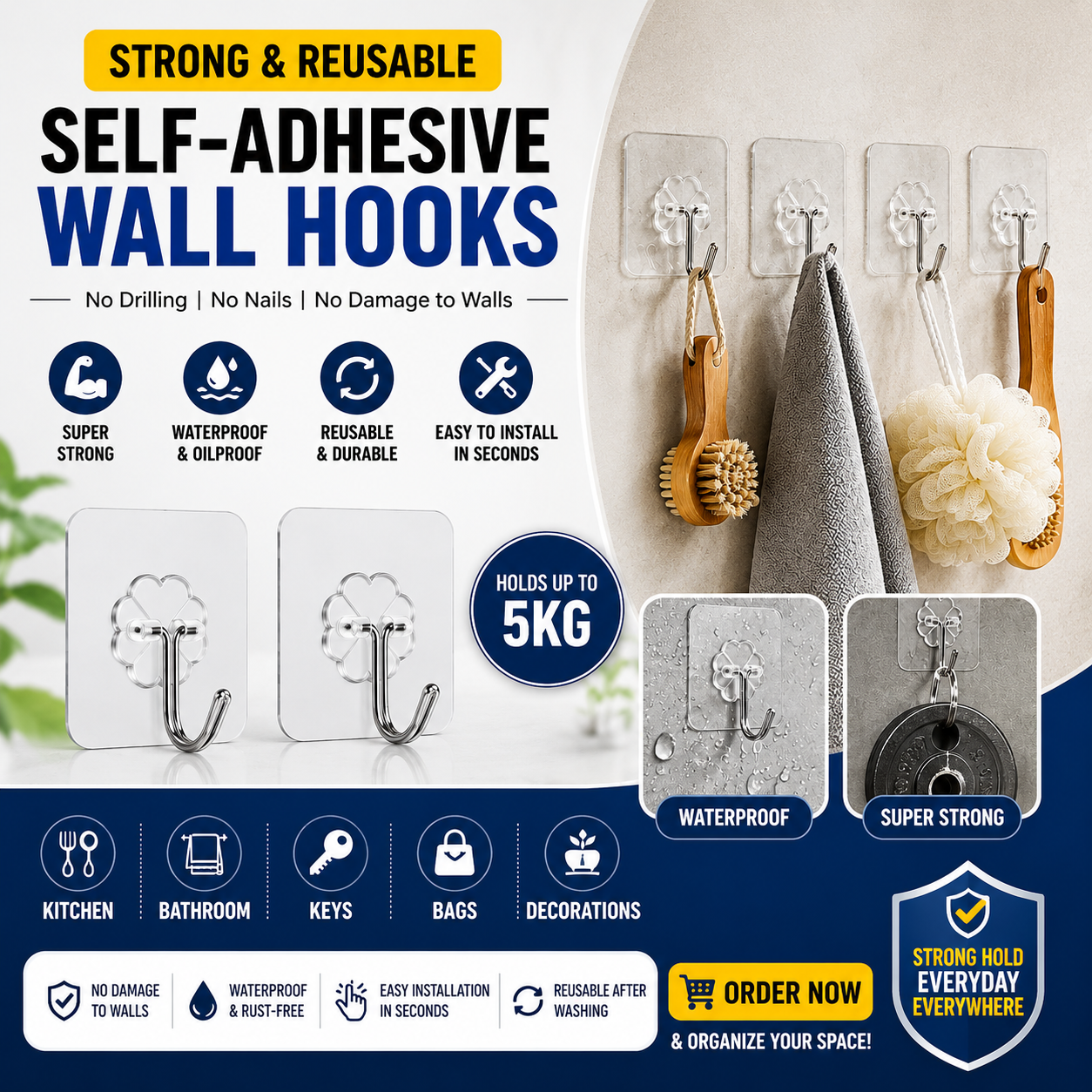 Strong Self Adhesive Wall Hooks for Kitchen & Bathroom